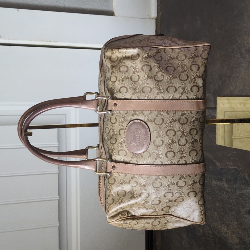 Celine GUC Light Brown Horse & Carriage Coated Canvas Boston Bag Purse